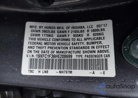 2017 Honda Civic Ex-T из США, поврежденный, VIN 19XFC1F36HE208699